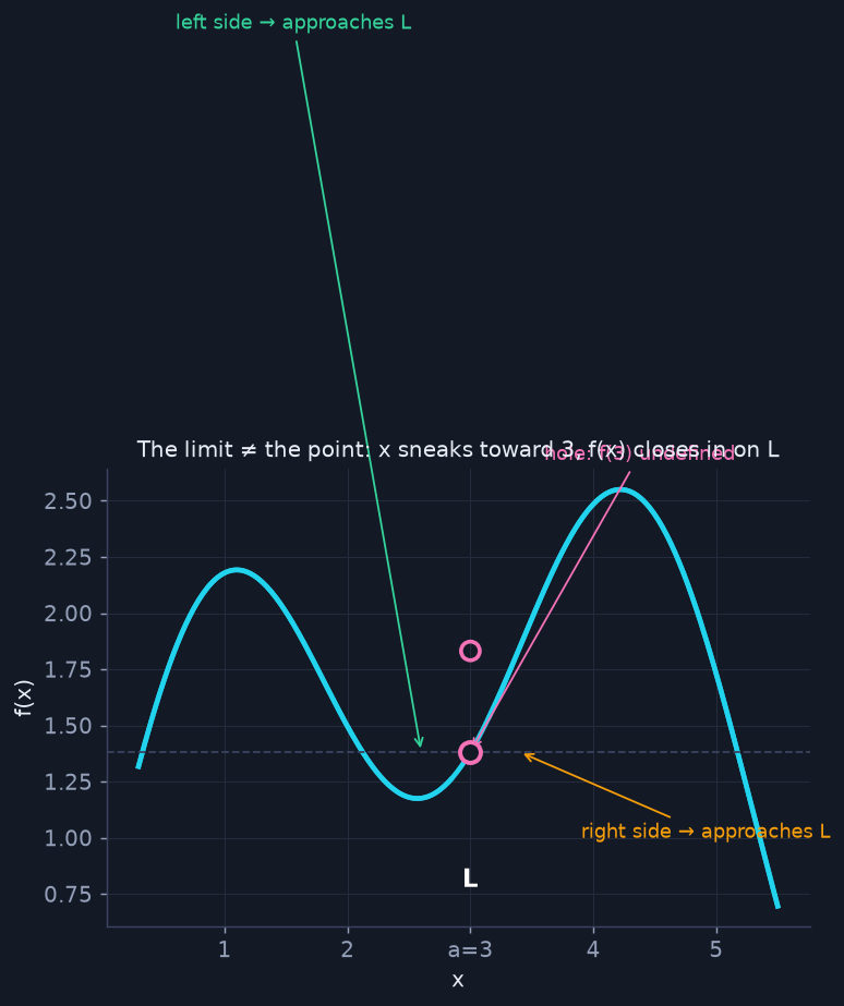 The limit: x approaches a → f(x) closes in on L. The hole never matters.